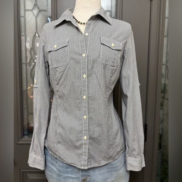 Tommy Hilfiger Women’s Black Pin Striped Long Sleeve Button Front | Size M - Picture 1 of 9